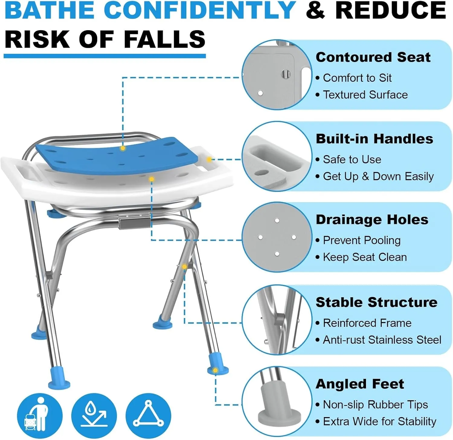 Folding Shower Chair for Inside Shower, Stainless Steel Foldable Shower Stool, 400lbs Portable Folding Shower Seat for Travel, Anti-Slip Small Shower Chair for Elderly Disabled Injured, White
