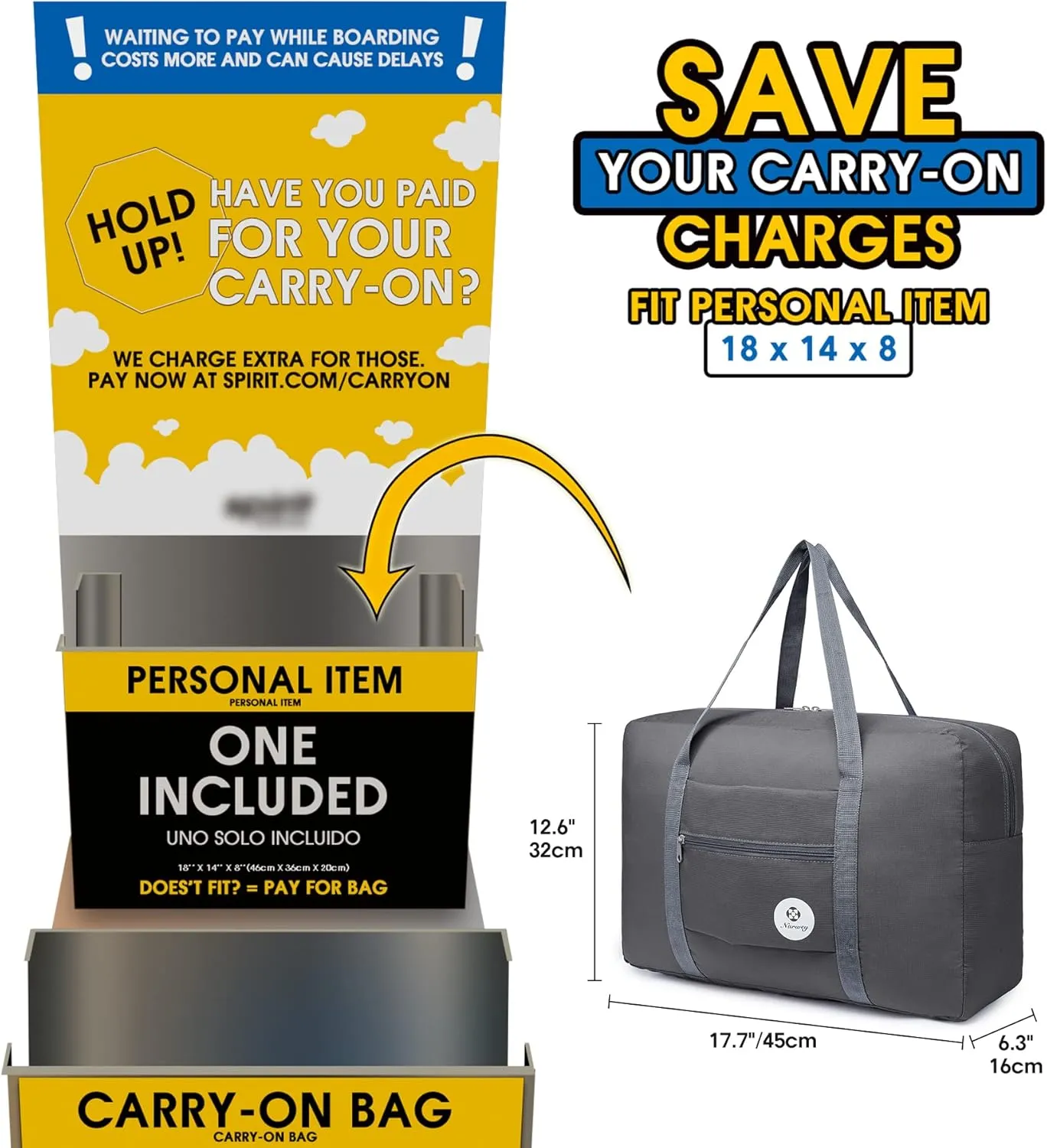 For Spirit Airlines Personal Item Bag 18x14x8 Foldable Travel Duffel Bag Tote Carry on Luggage Duffle Overnight for Women and Men