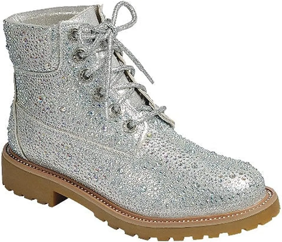 Forever Link Women's Rhinestone Lace Up Combat Ankle Boots