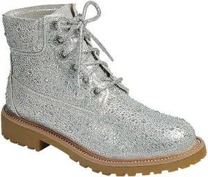 Forever Link Women's Rhinestone Lace Up Combat Ankle Boots