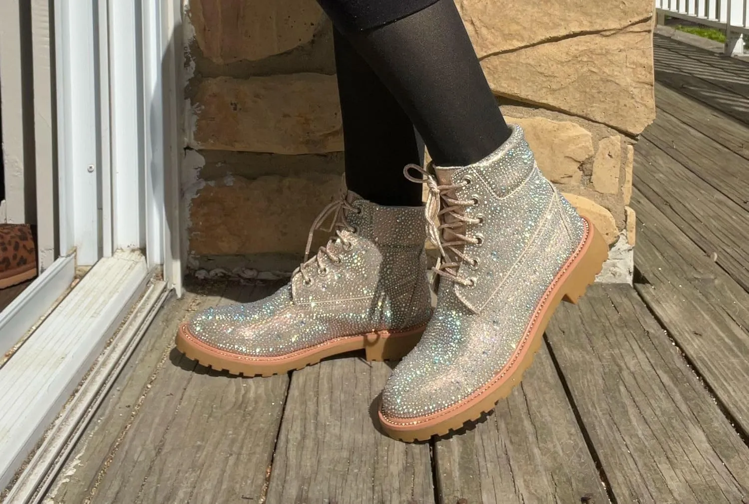 Forever Link Women's Rhinestone Lace Up Combat Ankle Boots