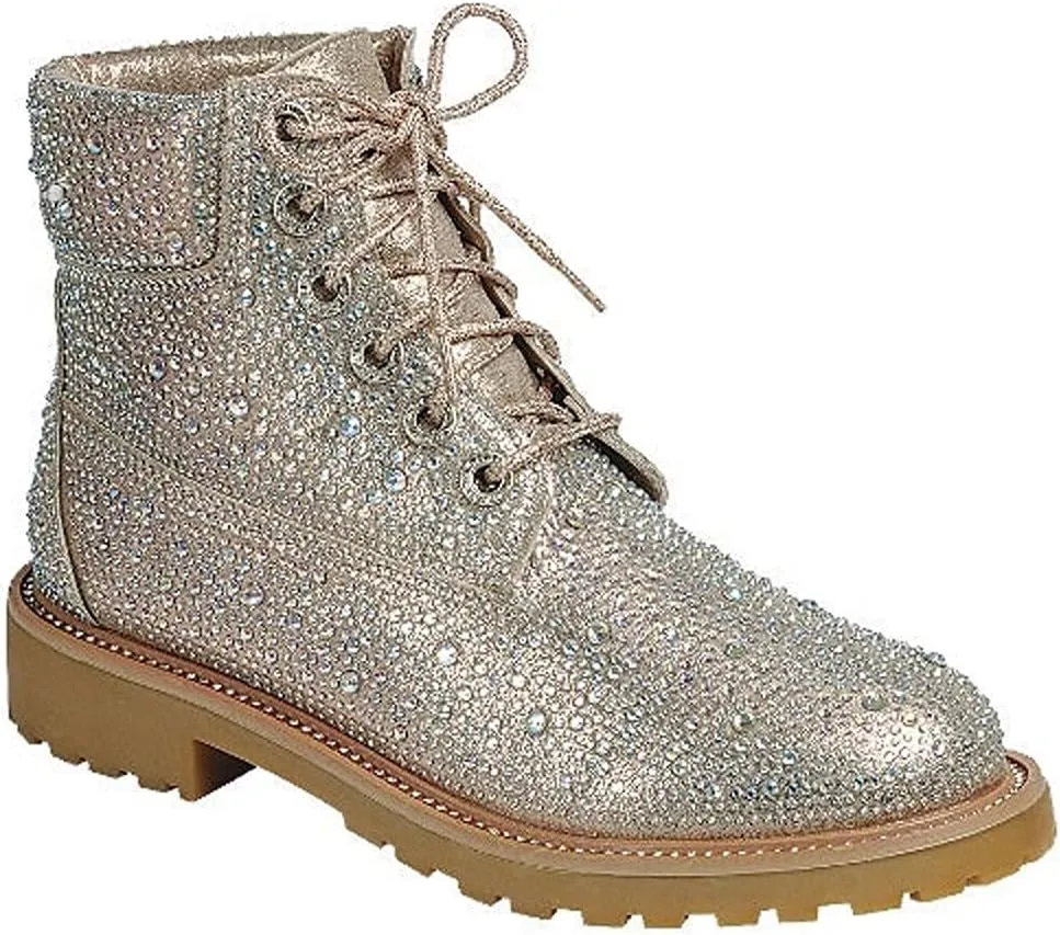 Forever Link Women's Rhinestone Lace Up Combat Ankle Boots