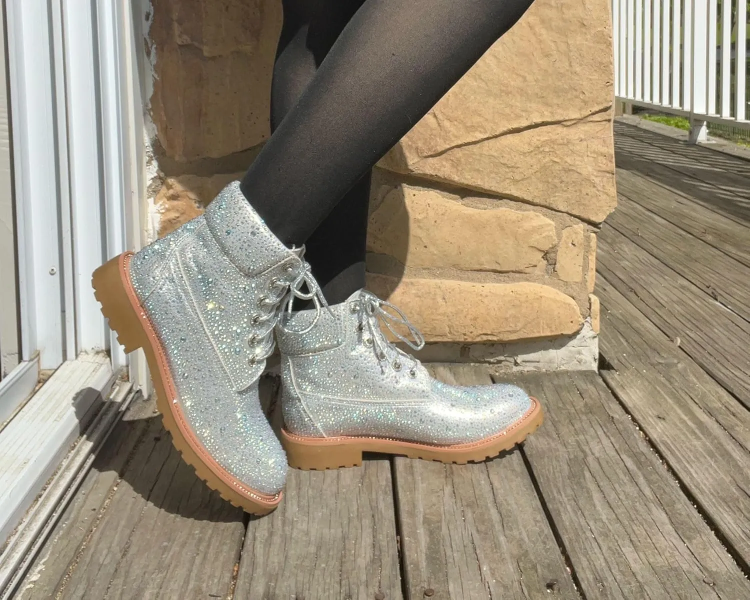 Forever Link Women's Rhinestone Lace Up Combat Ankle Boots