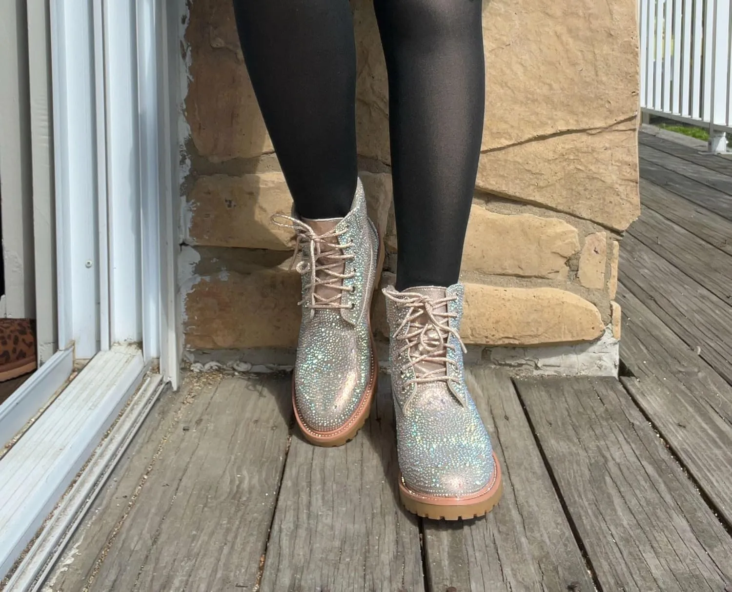Forever Link Women's Rhinestone Lace Up Combat Ankle Boots