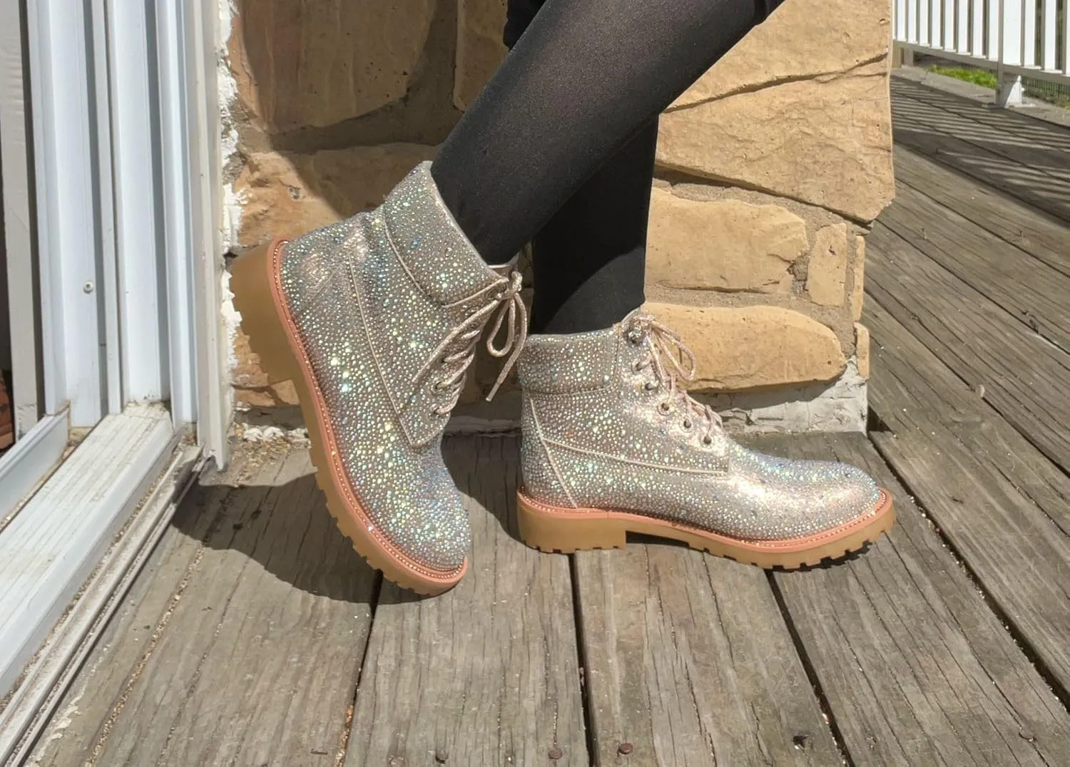 Forever Link Women's Rhinestone Lace Up Combat Ankle Boots