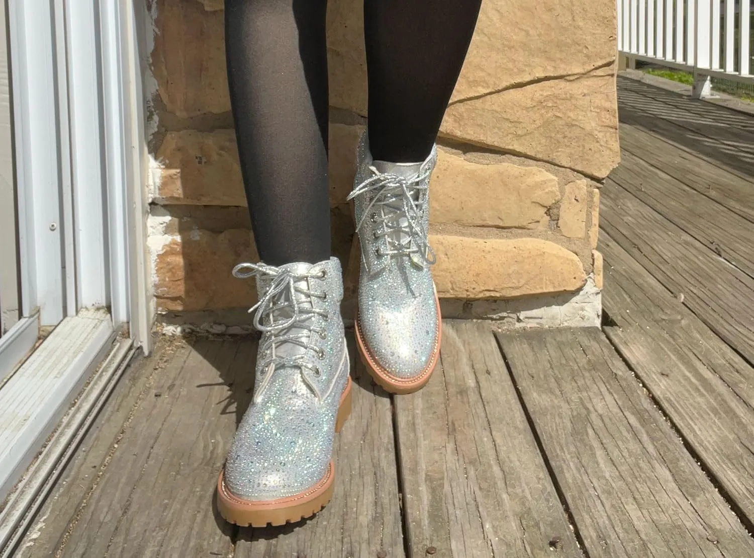 Forever Link Women's Rhinestone Lace Up Combat Ankle Boots