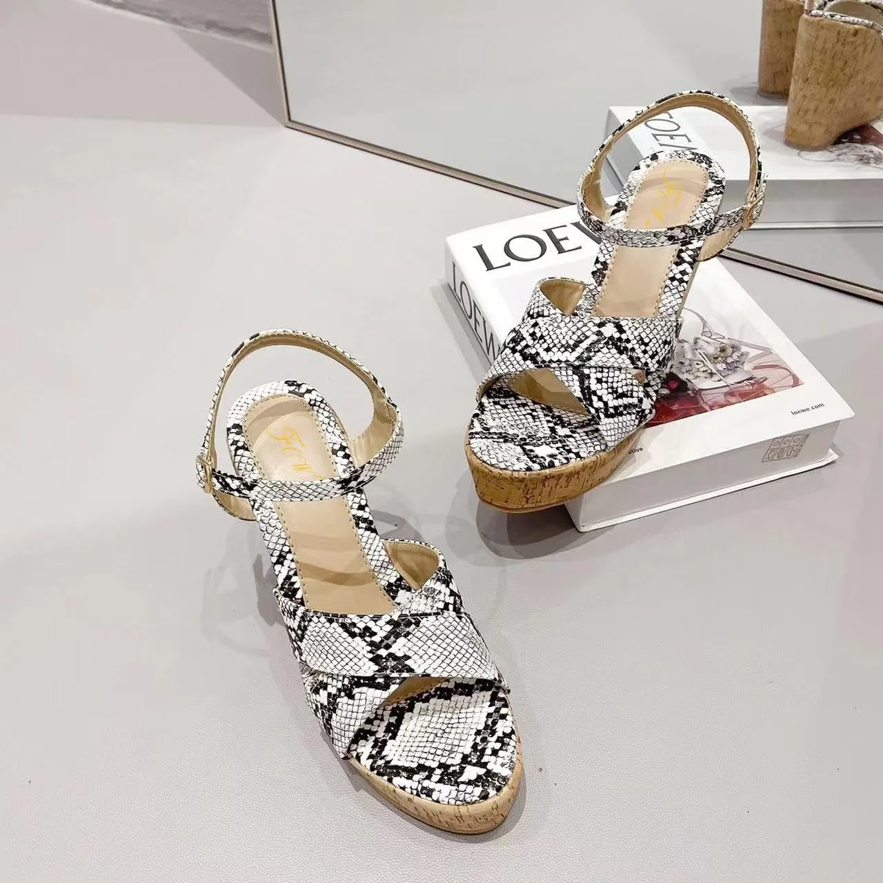 FOWT Fashion Patent Leather High Heeled Wedge Sandals for Women Elegant Buckle Ankle Strap Open Peep Toe 6 IN Cork Heels Chic Slingback Dress Formal Pumps Shoes, Nude US Size 4-16 M