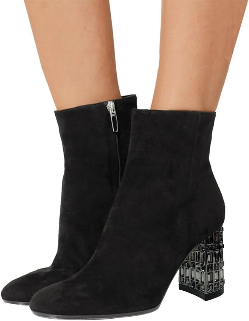 FSJ Women Almond Toe Chunky Block High Heel Handmade Ankle Booties Elegant Ladies Casual Dress Daily Boots Size 4-15 US