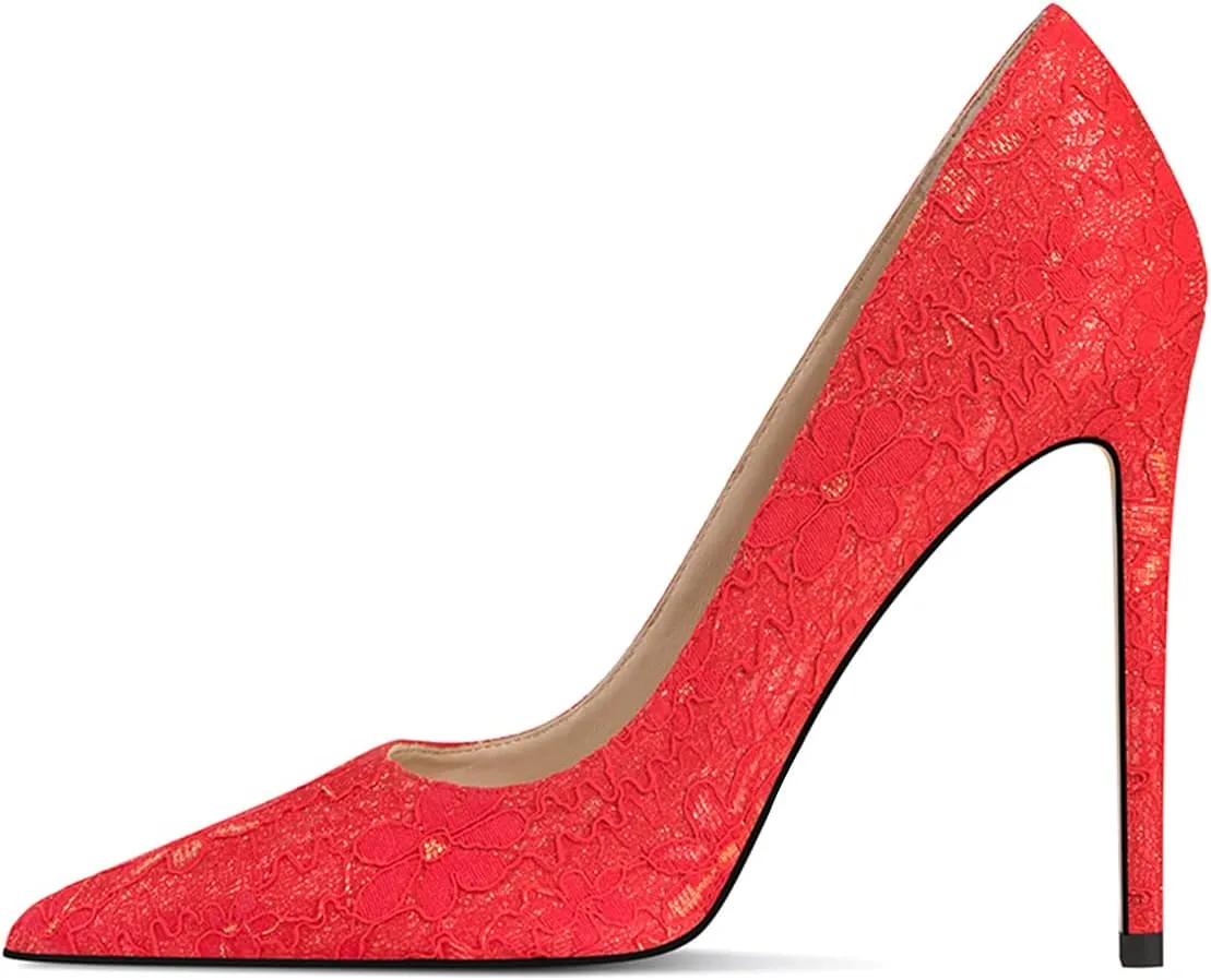 FSJ Women Elegant Pointed Toe High Heel Pumps Floral Lace Mesh Slip On Rhinestones Stiletto Bridal Wedding Banquet Party Shoes Size 4-15 US