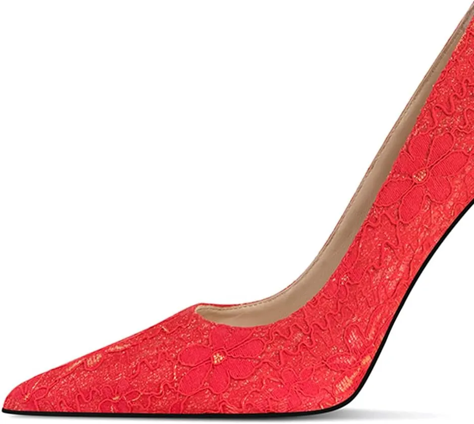 FSJ Women Elegant Pointed Toe High Heel Pumps Floral Lace Mesh Slip On Rhinestones Stiletto Bridal Wedding Banquet Party Shoes Size 4-15 US