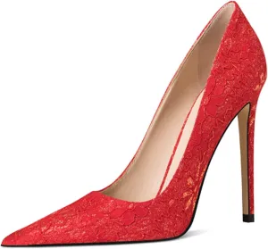 FSJ Women Elegant Pointed Toe High Heel Pumps Floral Lace Mesh Slip On Rhinestones Stiletto Bridal Wedding Banquet Party Shoes Size 4-15 US