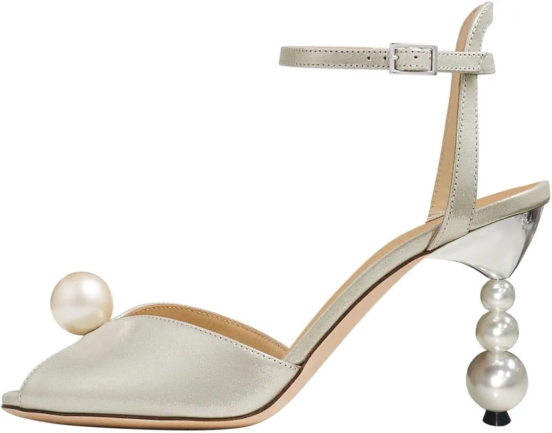 FSJ Women Gorgeous Peep Toe with Shiny Decoration Sandals Pearls High Heel Ankle Strap Ladies Party Prom Wedding Dress Shoes Size 4-16 US