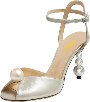 FSJ Women Gorgeous Peep Toe with Shiny Decoration Sandals Pearls High Heel Ankle Strap Ladies Party Prom Wedding Dress Shoes Size 4-16 US