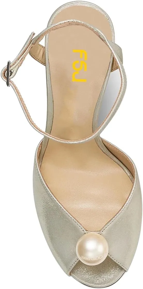 FSJ Women Gorgeous Peep Toe with Shiny Decoration Sandals Pearls High Heel Ankle Strap Ladies Party Prom Wedding Dress Shoes Size 4-16 US