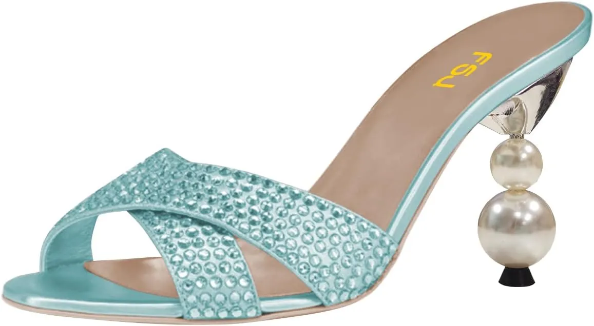 FSJ Women Rhinestone Heeled Sandals Open Peep Toe Pearls Heel Cross Strap Elegant Mule Slip On Wedding Party High Heel Slippers Size 4-16 US