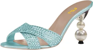 FSJ Women Rhinestone Heeled Sandals Open Peep Toe Pearls Heel Cross Strap Elegant Mule Slip On Wedding Party High Heel Slippers Size 4-16 US