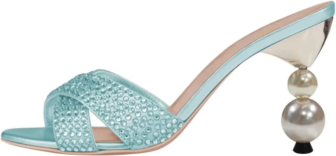 FSJ Women Rhinestone Heeled Sandals Open Peep Toe Pearls Heel Cross Strap Elegant Mule Slip On Wedding Party High Heel Slippers Size 4-16 US