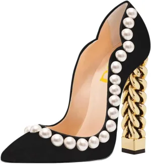 FSJ Women Sexy Gold Chunky Heel Pointed Toe Block High Heel Pumps Slip On Elegant Wedding Party Shoes Size 4-15 US