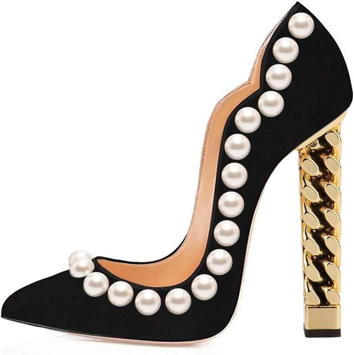 FSJ Women Sexy Gold Chunky Heel Pointed Toe Block High Heel Pumps Slip On Elegant Wedding Party Shoes Size 4-15 US