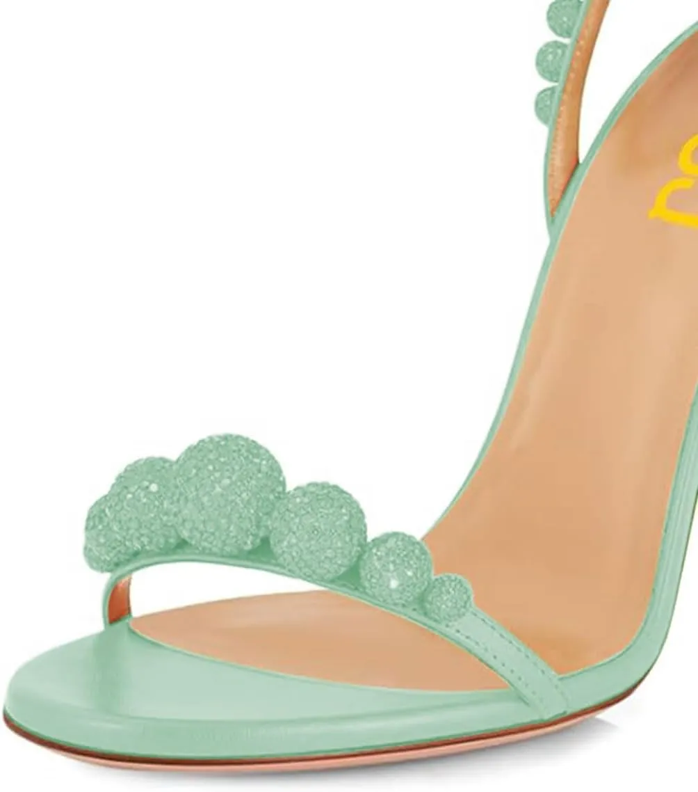 FSJ Women Sexy Open Toe Shiny Rhinestone Balls Sandals Strappy Ankle Strap Crystal High Heel Summer Party Date Dance Shoes Size 4-15 US