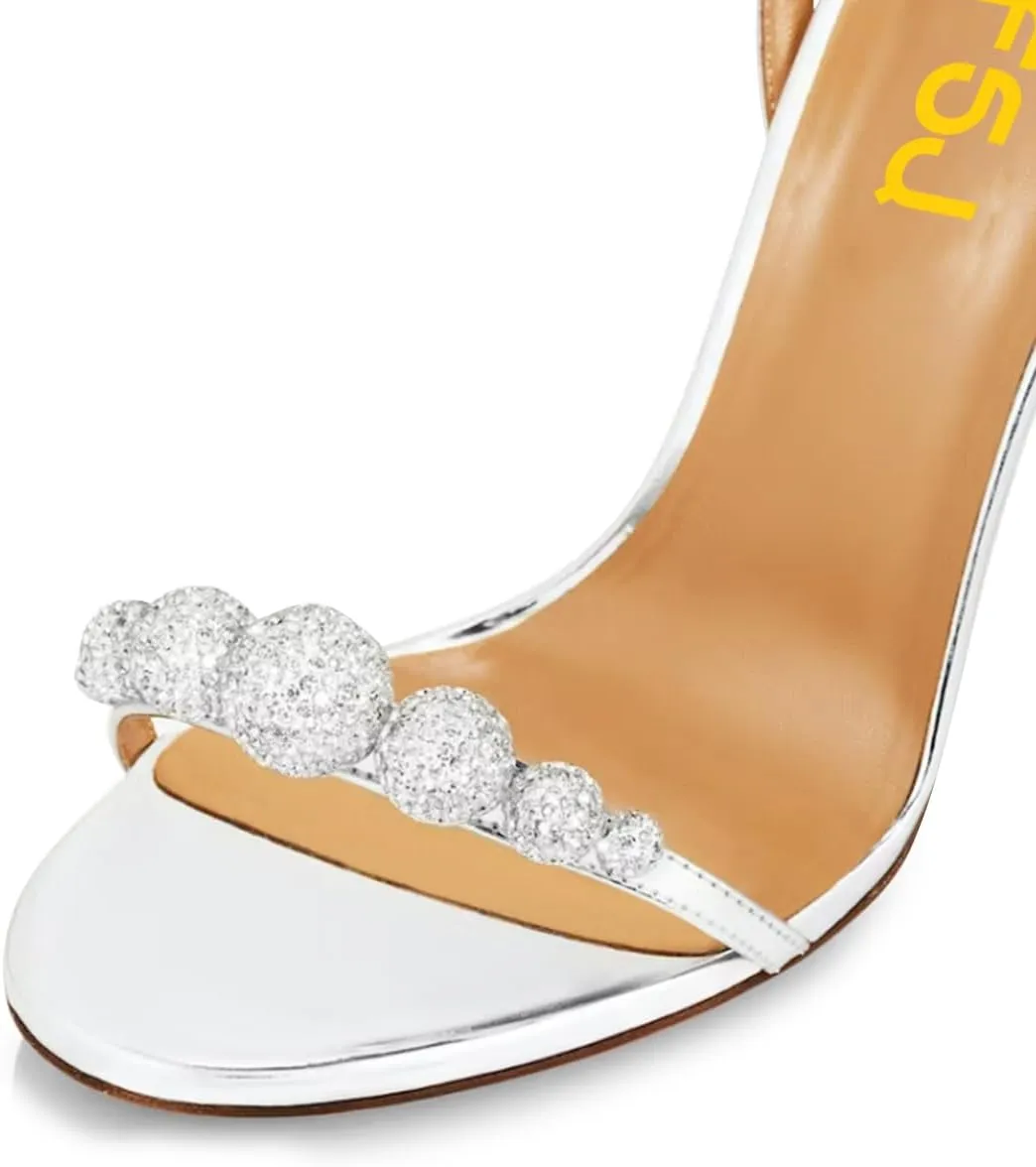 FSJ Women Sexy Open Toe Shiny Rhinestone Balls Sandals Strappy Ankle Strap Crystal High Heel Summer Party Date Dance Shoes Size 4-15 US