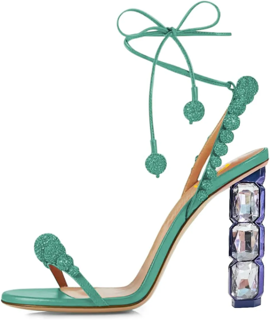 FSJ Women Sexy Open Toe Shiny Rhinestone Balls Sandals Strappy Ankle Strap Crystal High Heel Summer Party Date Dance Shoes Size 4-15 US
