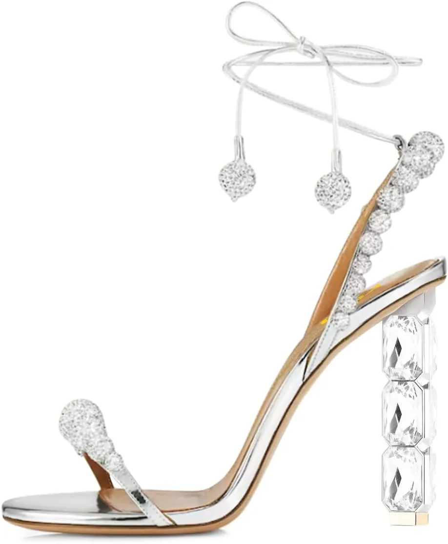 FSJ Women Sexy Open Toe Shiny Rhinestone Balls Sandals Strappy Ankle Strap Crystal High Heel Summer Party Date Dance Shoes Size 4-15 US