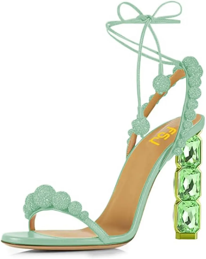 FSJ Women Sexy Open Toe Shiny Rhinestone Balls Sandals Strappy Ankle Strap Crystal High Heel Summer Party Date Dance Shoes Size 4-15 US