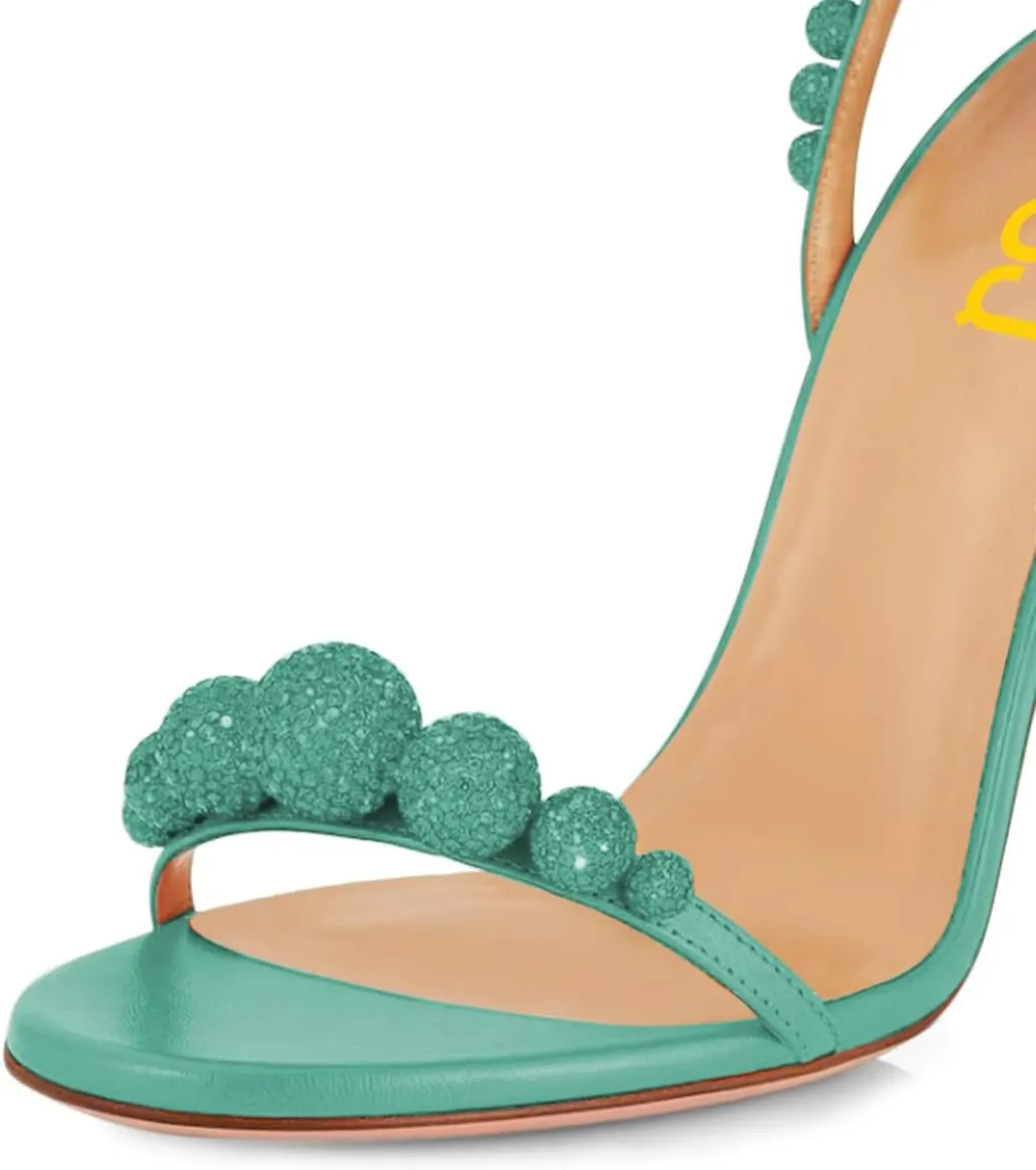FSJ Women Sexy Open Toe Shiny Rhinestone Balls Sandals Strappy Ankle Strap Crystal High Heel Summer Party Date Dance Shoes Size 4-15 US