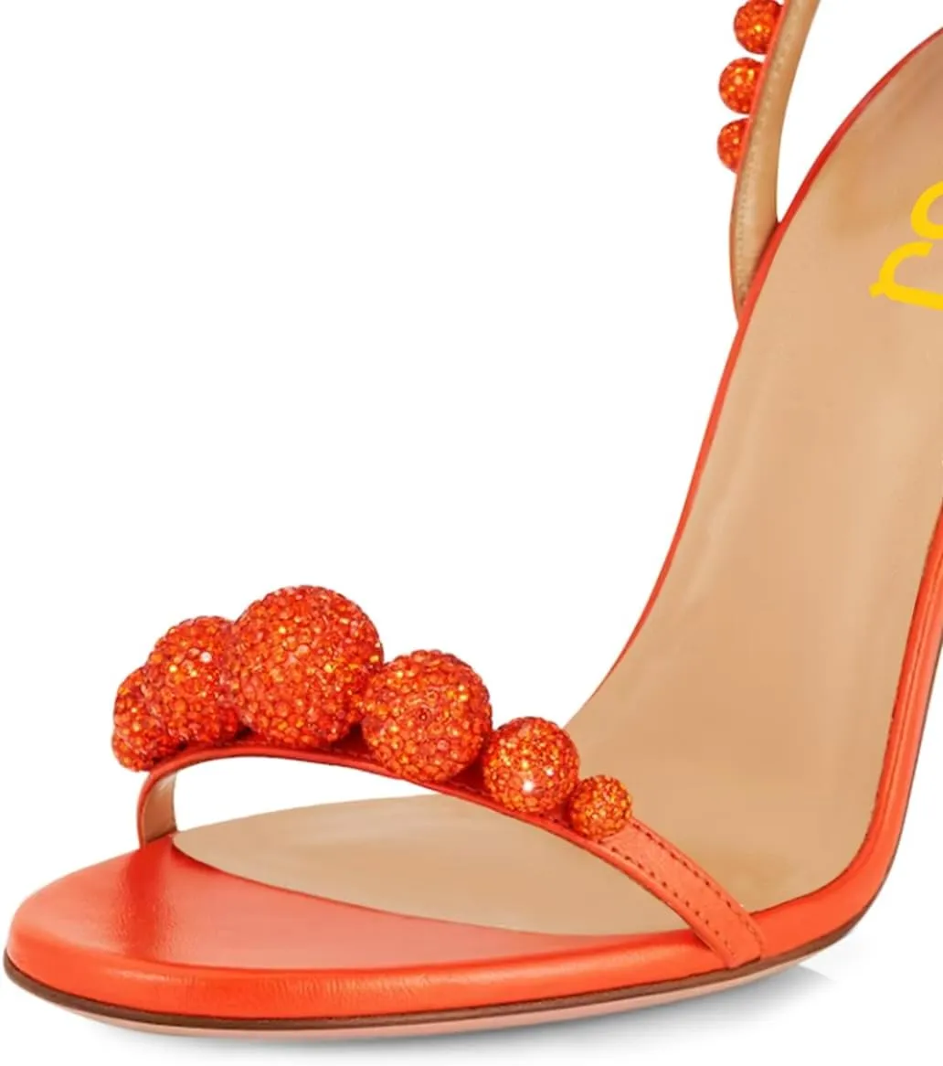 FSJ Women Sexy Open Toe Shiny Rhinestone Balls Sandals Strappy Ankle Strap Crystal High Heel Summer Party Date Dance Shoes Size 4-15 US