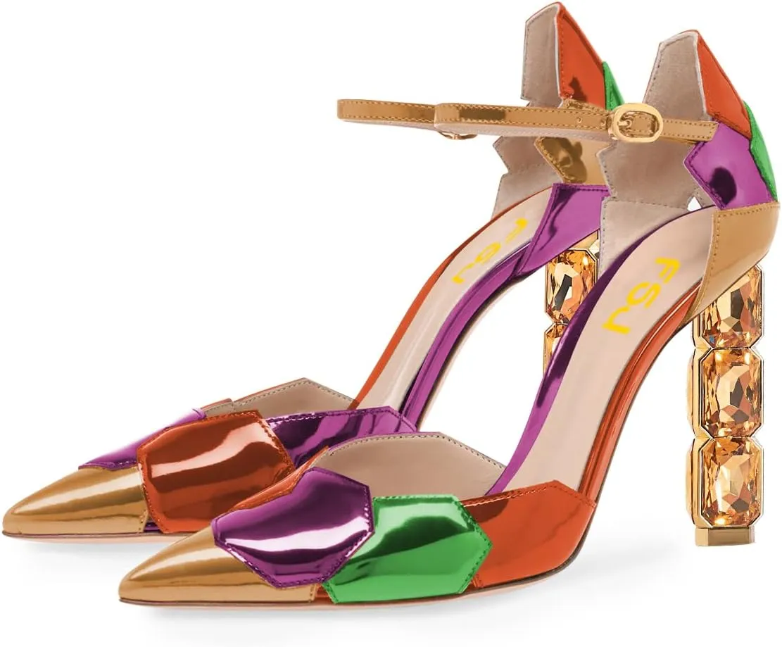 FSJ Women Shiny Crystal Heel Colorful Sandals Pointed Toe High Heel Ankle Strap Buckle Party Prom Dress Ladies Shoes Size 4-15 US