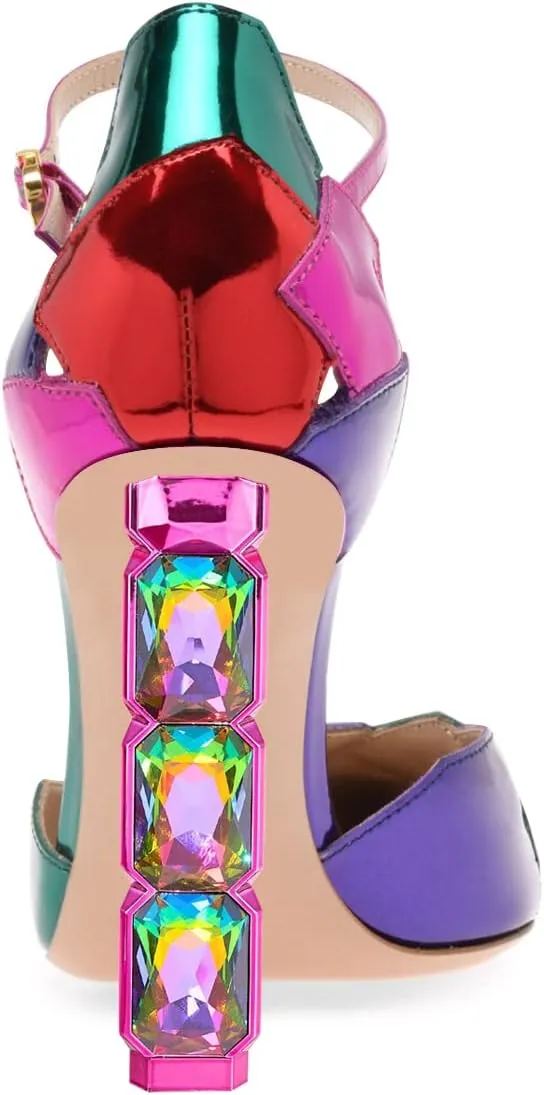 FSJ Women Shiny Crystal Heel Colorful Sandals Pointed Toe High Heel Ankle Strap Buckle Party Prom Dress Ladies Shoes Size 4-15 US