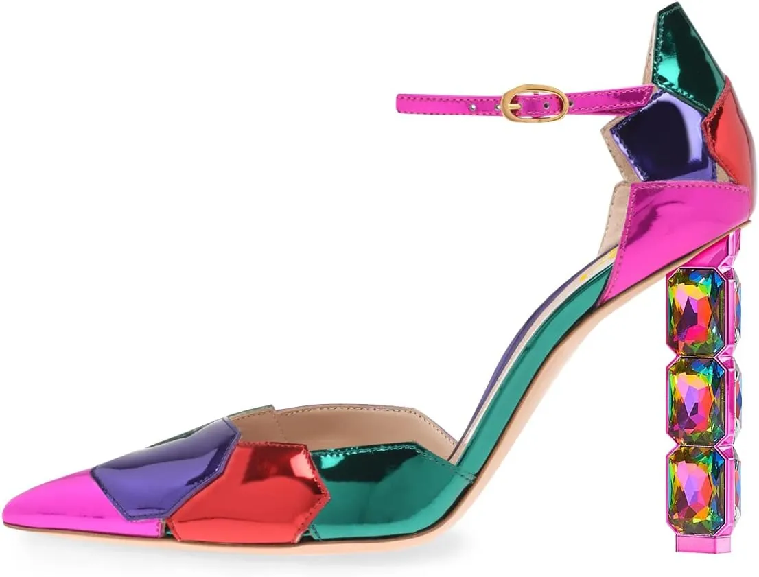 FSJ Women Shiny Crystal Heel Colorful Sandals Pointed Toe High Heel Ankle Strap Buckle Party Prom Dress Ladies Shoes Size 4-15 US