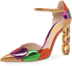 FSJ Women Shiny Crystal Heel Colorful Sandals Pointed Toe High Heel Ankle Strap Buckle Party Prom Dress Ladies Shoes Size 4-15 US