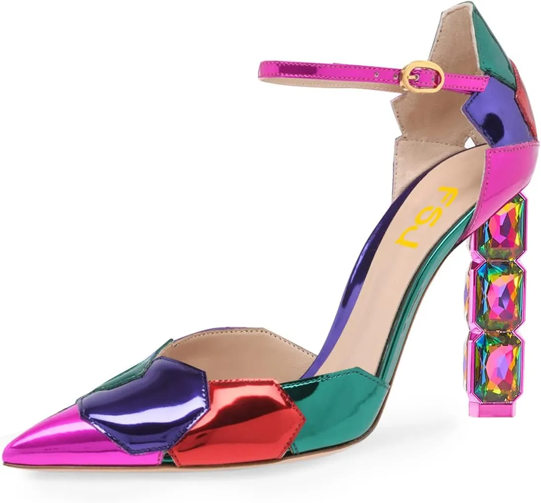 FSJ Women Shiny Crystal Heel Colorful Sandals Pointed Toe High Heel Ankle Strap Buckle Party Prom Dress Ladies Shoes Size 4-15 US