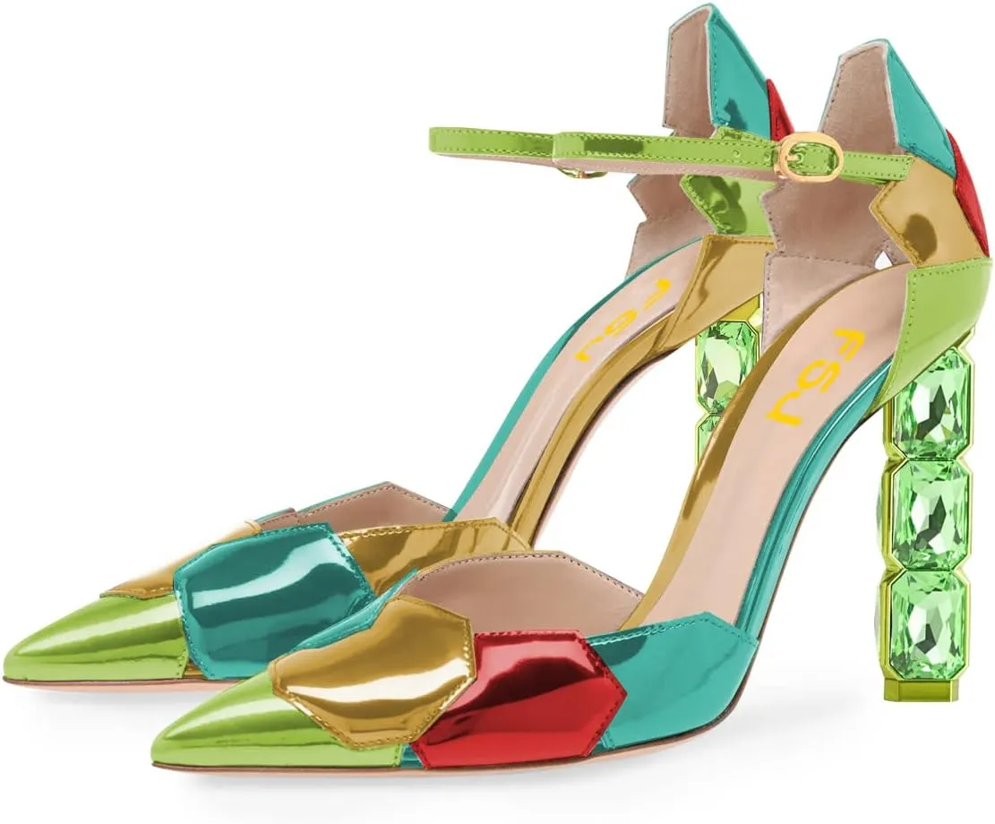 FSJ Women Shiny Crystal Heel Colorful Sandals Pointed Toe High Heel Ankle Strap Buckle Party Prom Dress Ladies Shoes Size 4-15 US