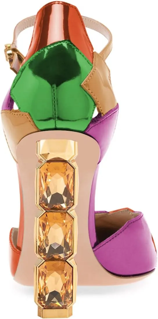 FSJ Women Shiny Crystal Heel Colorful Sandals Pointed Toe High Heel Ankle Strap Buckle Party Prom Dress Ladies Shoes Size 4-15 US