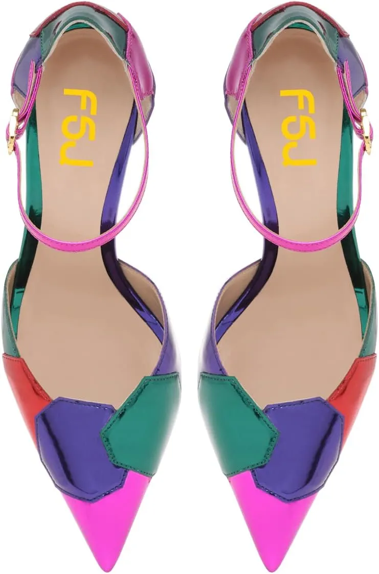 FSJ Women Shiny Crystal Heel Colorful Sandals Pointed Toe High Heel Ankle Strap Buckle Party Prom Dress Ladies Shoes Size 4-15 US