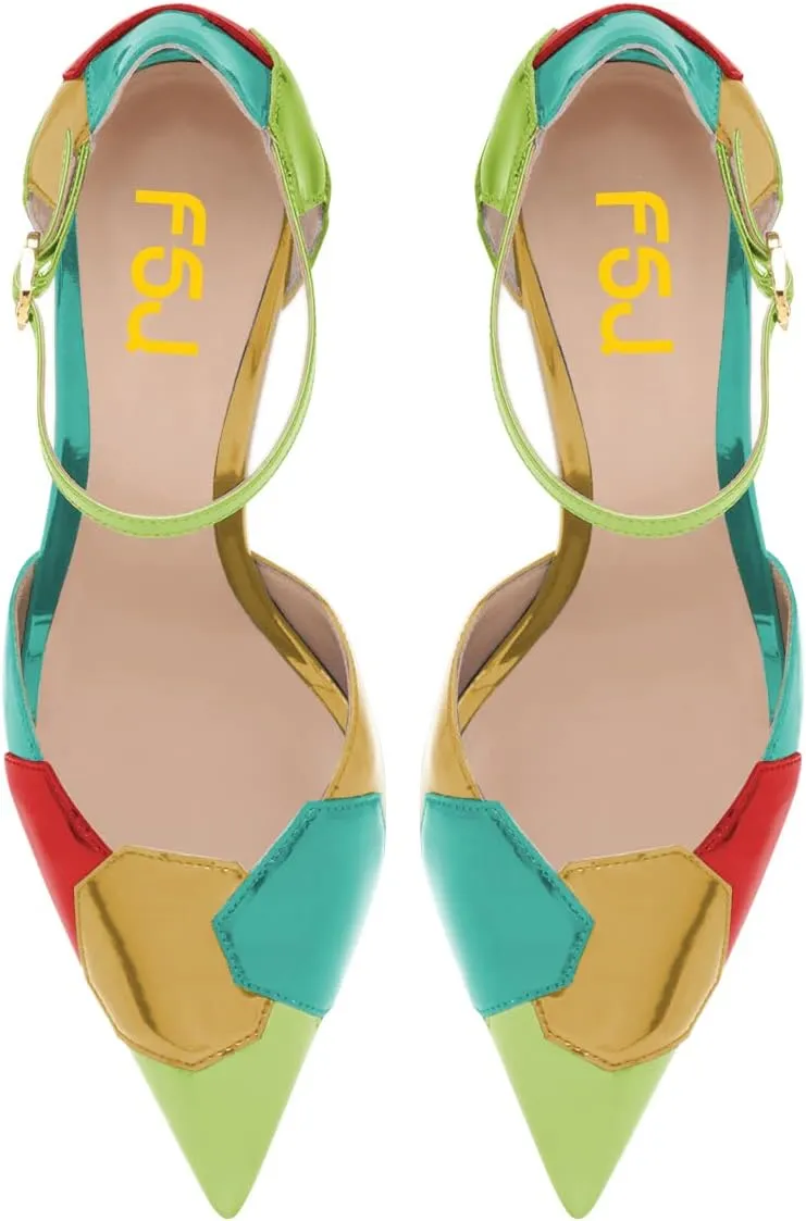 FSJ Women Shiny Crystal Heel Colorful Sandals Pointed Toe High Heel Ankle Strap Buckle Party Prom Dress Ladies Shoes Size 4-15 US