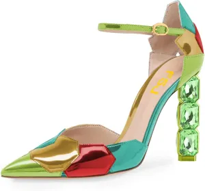 FSJ Women Shiny Crystal Heel Colorful Sandals Pointed Toe High Heel Ankle Strap Buckle Party Prom Dress Ladies Shoes Size 4-15 US