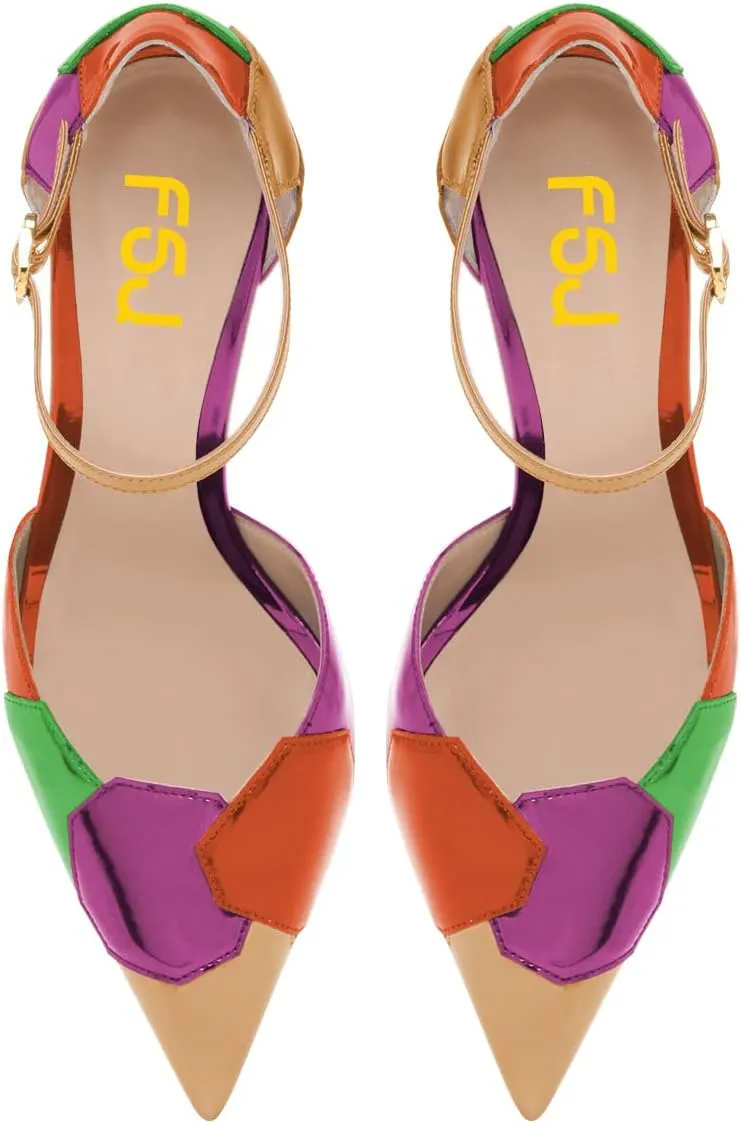 FSJ Women Shiny Crystal Heel Colorful Sandals Pointed Toe High Heel Ankle Strap Buckle Party Prom Dress Ladies Shoes Size 4-15 US