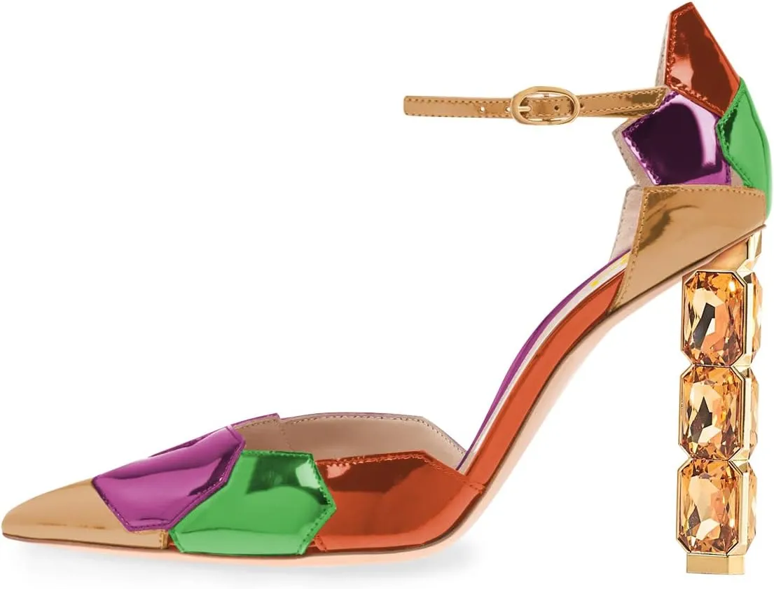 FSJ Women Shiny Crystal Heel Colorful Sandals Pointed Toe High Heel Ankle Strap Buckle Party Prom Dress Ladies Shoes Size 4-15 US
