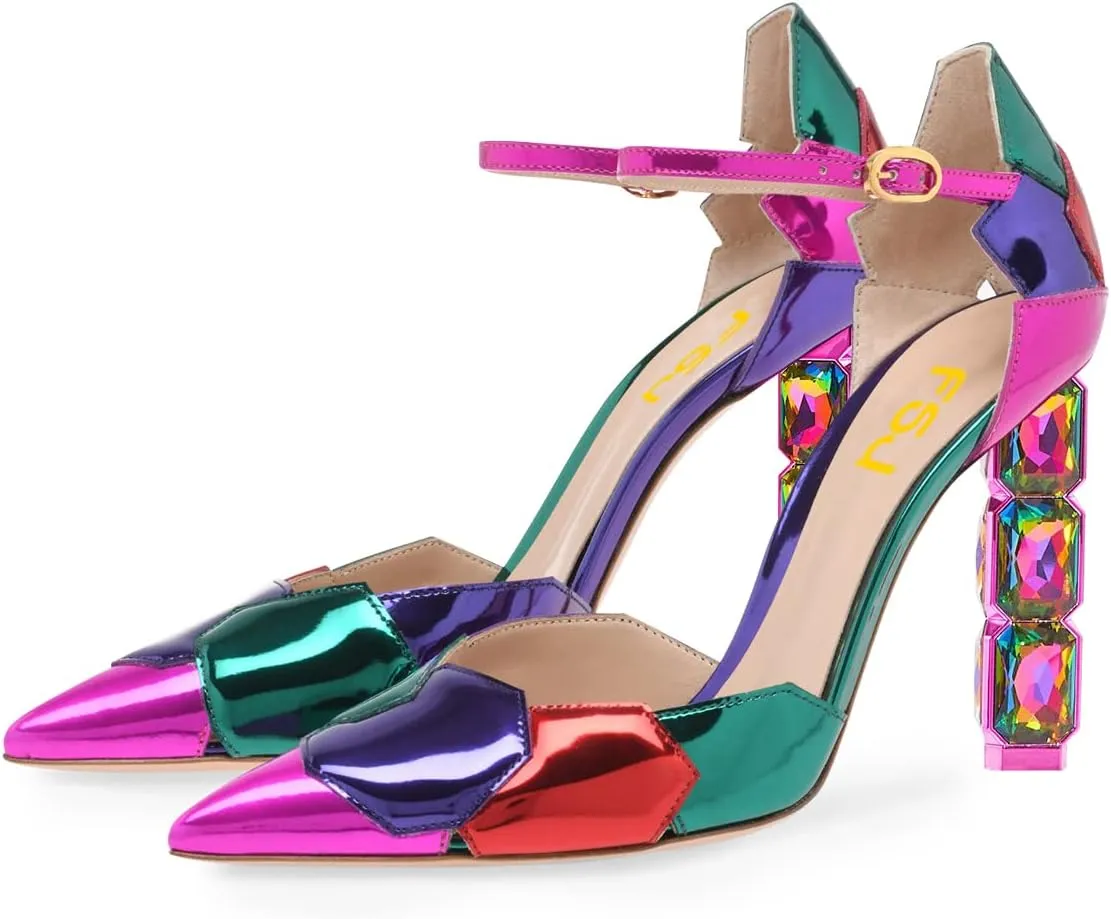 FSJ Women Shiny Crystal Heel Colorful Sandals Pointed Toe High Heel Ankle Strap Buckle Party Prom Dress Ladies Shoes Size 4-15 US