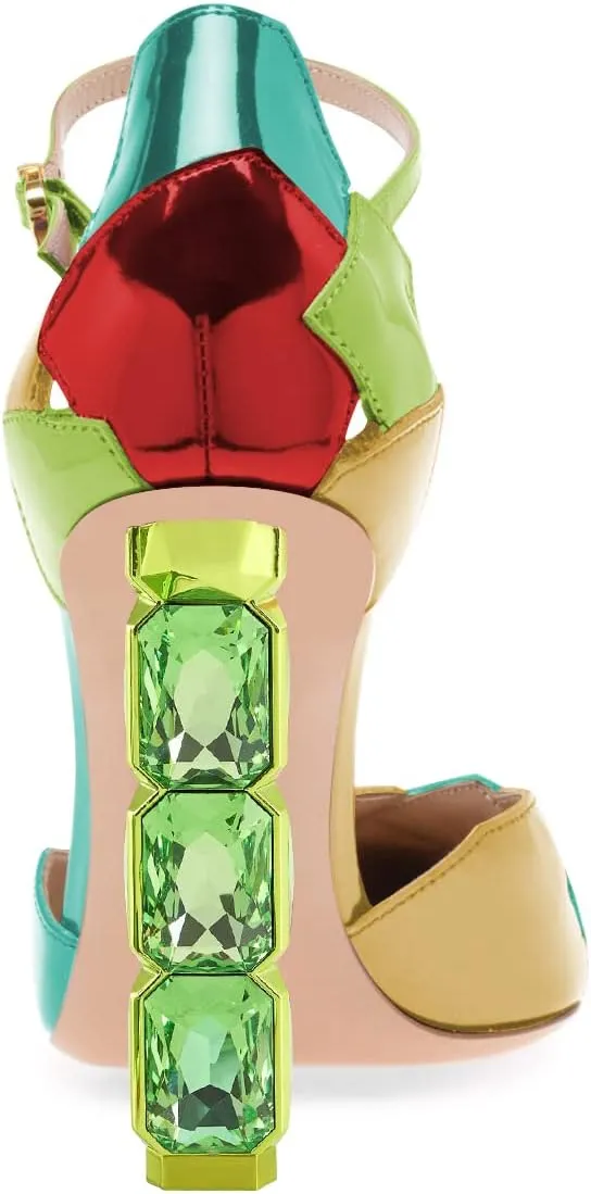 FSJ Women Shiny Crystal Heel Colorful Sandals Pointed Toe High Heel Ankle Strap Buckle Party Prom Dress Ladies Shoes Size 4-15 US