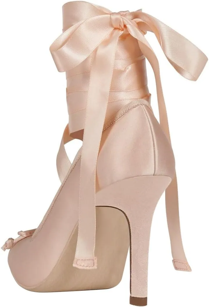 FSJ Women Square Toe Bow Tie Satin Ballet High Heel Sexy Lace-up Stiletto Pumps Elegant Mary Janes Party Shoes Size 4-16 US