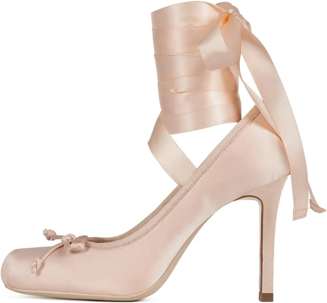 FSJ Women Square Toe Bow Tie Satin Ballet High Heel Sexy Lace-up Stiletto Pumps Elegant Mary Janes Party Shoes Size 4-16 US