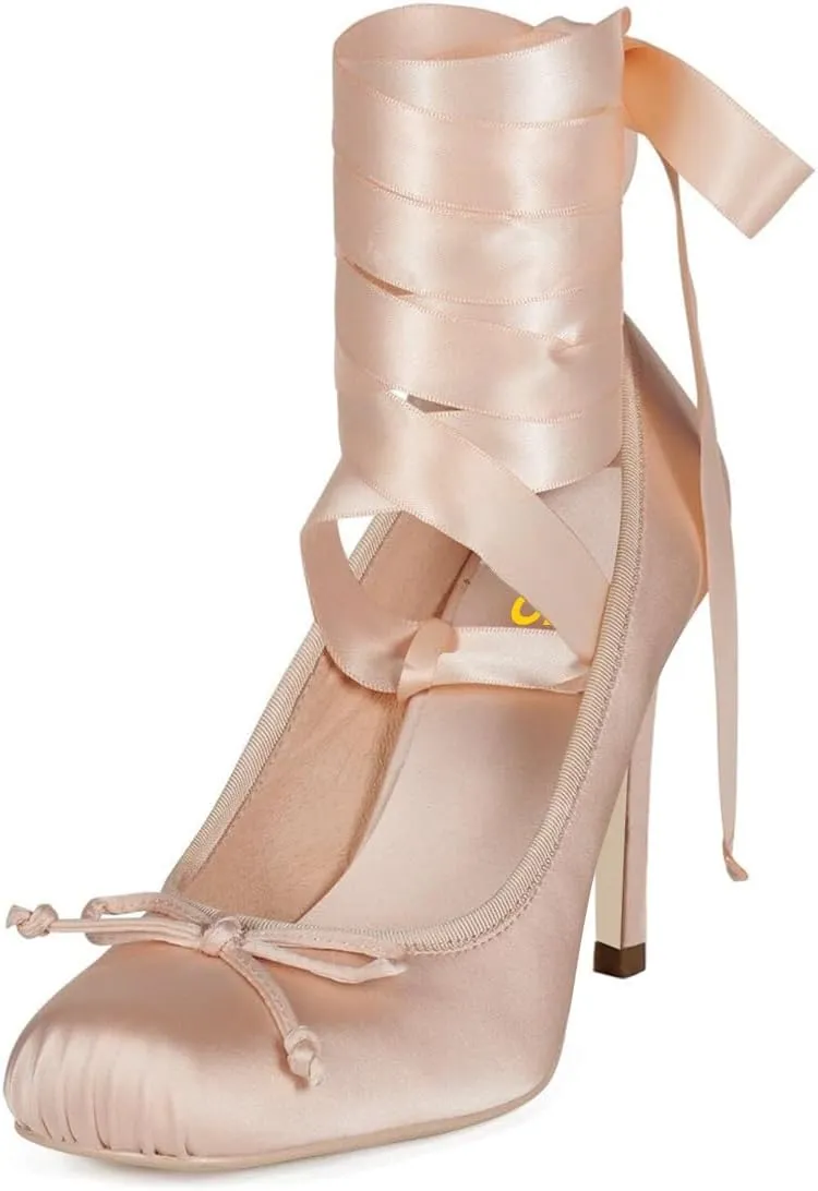FSJ Women Square Toe Bow Tie Satin Ballet High Heel Sexy Lace-up Stiletto Pumps Elegant Mary Janes Party Shoes Size 4-16 US