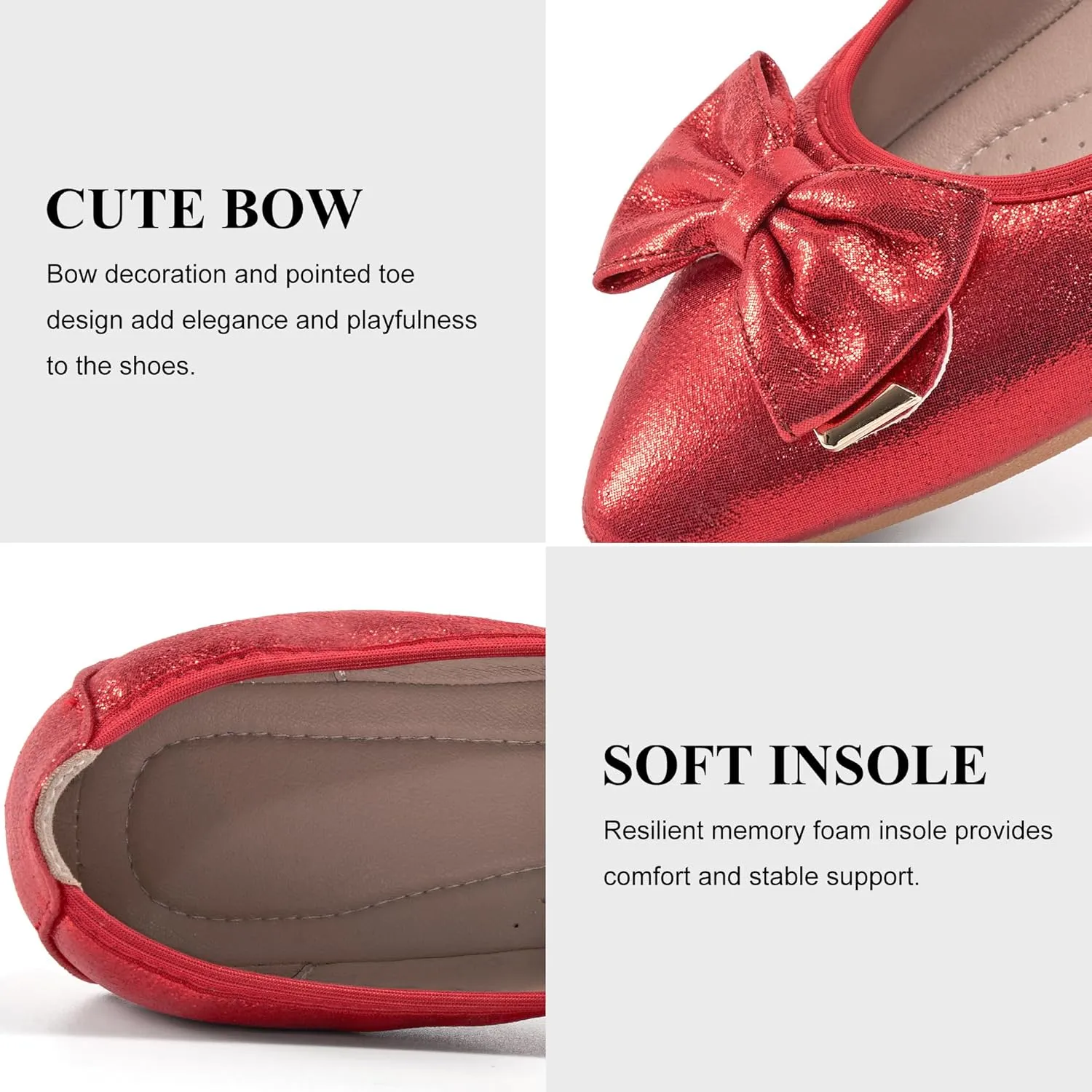 FUDYNMALC Womens Ballet Flats Shoes: Foldable Dressy Wedding Ballerina Shoes Sparkly Bowknot Pointed Toe Slip on Walking Loafers