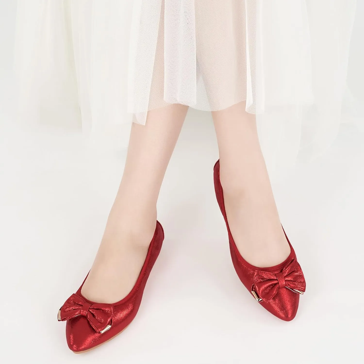 FUDYNMALC Womens Ballet Flats Shoes: Foldable Dressy Wedding Ballerina Shoes Sparkly Bowknot Pointed Toe Slip on Walking Loafers