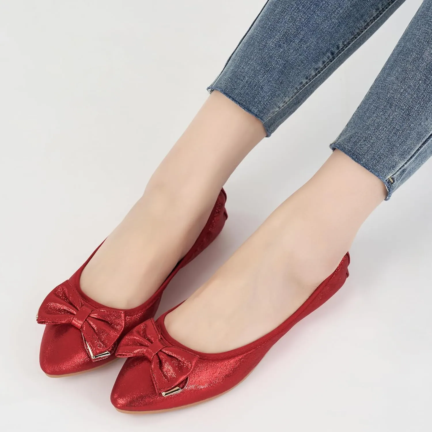 FUDYNMALC Womens Ballet Flats Shoes: Foldable Dressy Wedding Ballerina Shoes Sparkly Bowknot Pointed Toe Slip on Walking Loafers